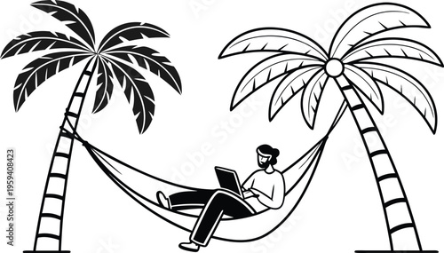 Minimalist black and white vector of man working on laptop in hammock, digital nomad relaxing between palm trees, remote work and freelance lifestyle
