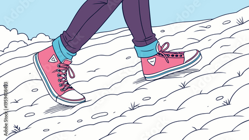 Flat vector illustration of person walking in pink sneakers on snow, winter footwear and outdoor activity concept, person hiking in cold weather