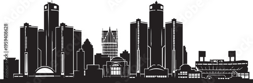 Black silhouette of Detroit city skyline with skyscrapers and stadium