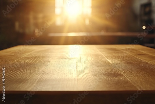 Sunlit Oak Table Top Radiating Soft Light, Ideal For Minimalist Product Displays And Peaceful Scenes