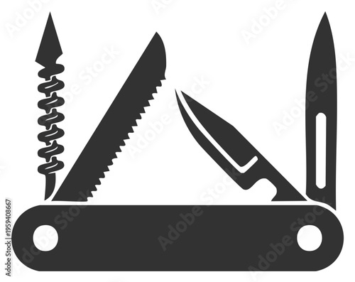 Minimalist silhouette of an open multi tool pocket knife with blade saw and corkscrew