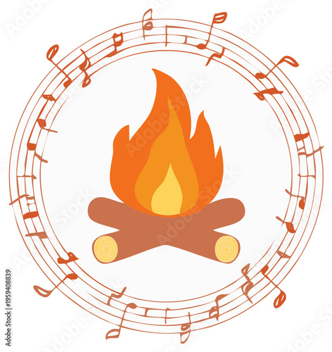 Campfire Surrounded by Music Notes Symbolizing Music around Fire Light Theme
