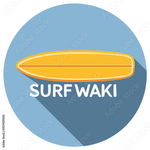 Surfboard Icon Illustration on Circle - Design for Water Sports Company or Beach Adventure Brand with Long Shadow