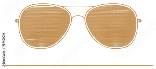 Classic aviator sunglasses depicted with a warm golden vintage etched line drawing style
