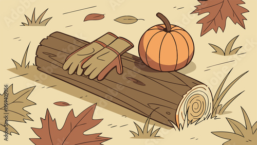 Autumn harvest vector illustration, rustic wooden log with pumpkin and gardening gloves, fall season outdoor scene with maple leaves