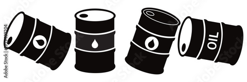 Oil Barrel Icon Set – Petroleum Fuel Storage, Energy Industry, Black Minimal Vector
 with Oil Drop Symbols Collection