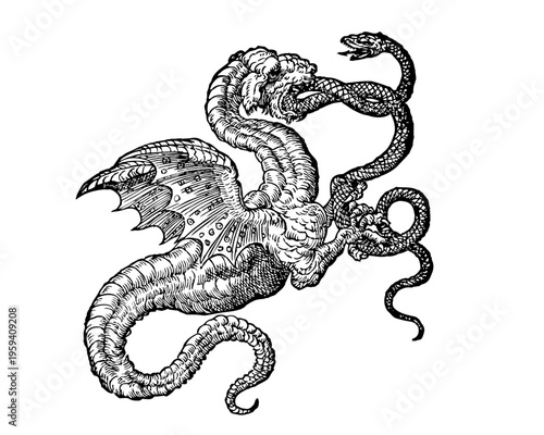 Bild auf Leinwand Dragon and Serpent Combat, Renaissance Allegorical Emblem, Vintage Engraving Ill