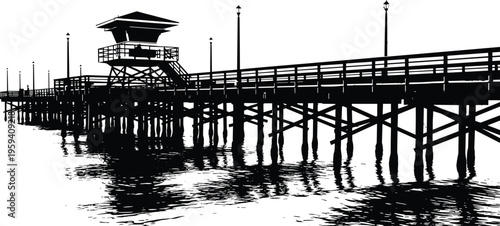 Black and White Silhouette Illustration of a Wooden Ocean Pier with Lifeguard Tower Reflection on Water Isolated on White Background