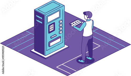 Isometric vending machine illustration, man using automated kiosk terminal, purple and blue tech vector for digital payment and self-service concepts