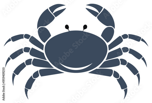 Stylized dark blue crab illustration with large claws and smiling face