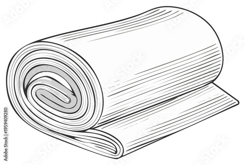 A classic line art illustration of a rolled bolt of fabric or paper in a vintage engraving style