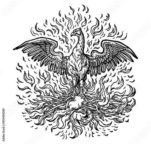 Phoenix rising from flames, mythological fire bird vintage woodcut engraving, alchemy rebirth symbol