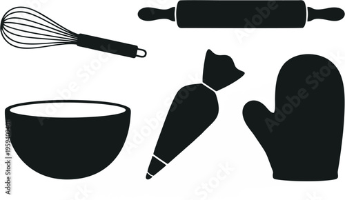 Baking and pastry craft equipment silhouettes collection solid black shapes