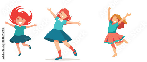 A set of child happily moving and dancing, flat design, no outline, minimal look
