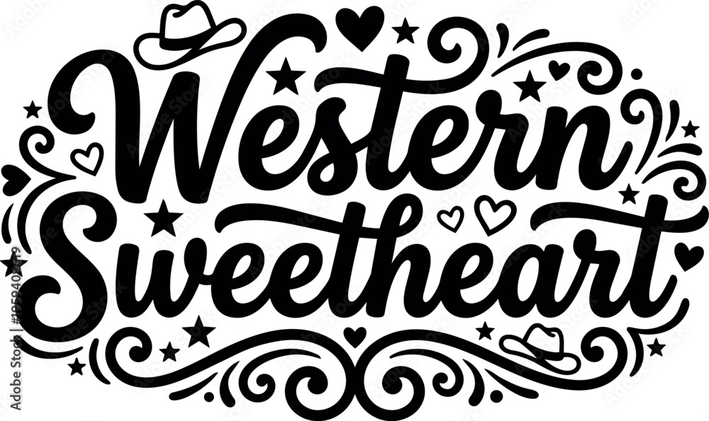 Fototapeta premium Western sweetheart calligraphic lettering with cowboy hats and stars