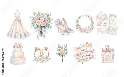 Watercolor Wedding Clipart Set Vol.2 — 10 Elegant Bridal & Romance Elements PNG SVG Vector Illustration