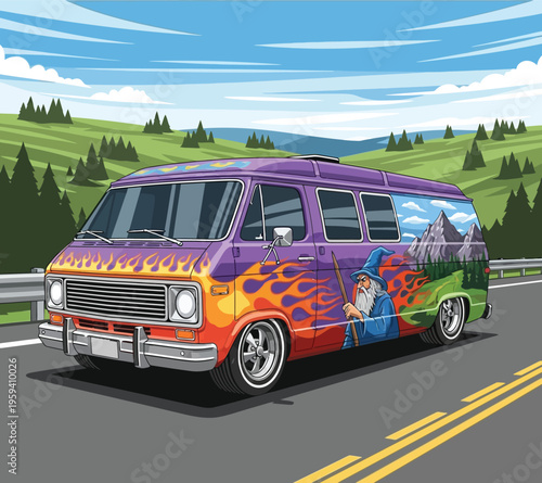 Retro Custom Van Embarks on Scenic Road Trip Journey