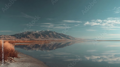 Calm Desert Lake Landscape with Snowy Mountains Reflected in Still Water