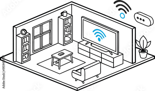 Smart home living room isometric vector, connected smart TV with wifi signal icon, modern interior line art with furniture and wireless technology