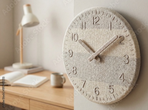 A beige fabric clock hanging on a wall next to a wooden desk with a lamp and coffee cup