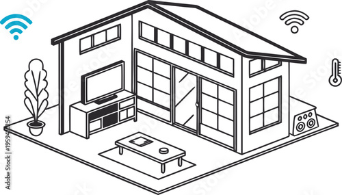 Smart home isometric line vector, modern house interior with wifi and automation icons, connected living room technology illustration
