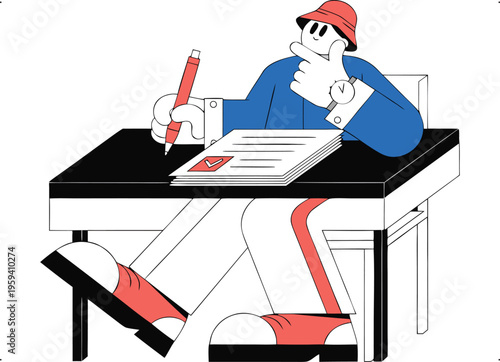 Thoughtful character writing at a desk, focused on a document, illustrating creative work or study.