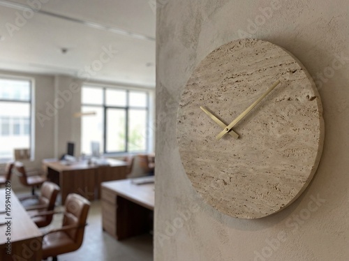 A modern office interior with a unique stone clock on the wall and a blurred background of meeting tables