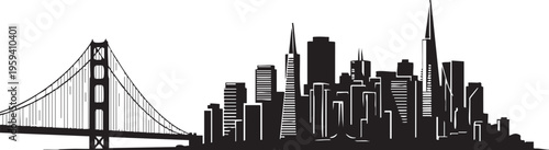 Black silhouette of San Francisco cityscape with Golden Gate Bridge