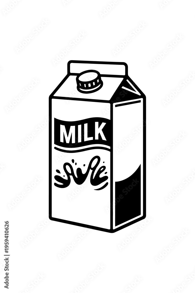 Obraz premium Black and white vector illustration of a milk carton with 'MILK' text and a splash design, featuring a screw cap. Perfect for dairy, food, and beverage branding, emphasizing purity, freshness, and ess