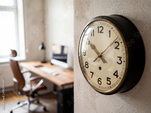 A clock on the wall in an office with a desk and chair in the background, showing time