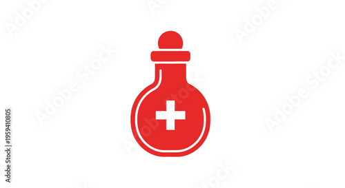 Red medical flask icon with a cross inside, symbol of health and assistance on white