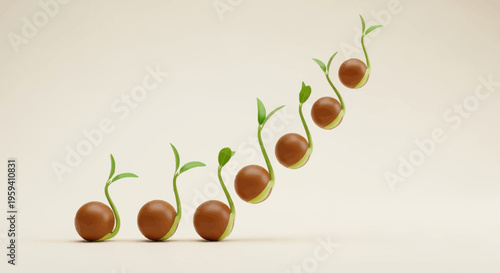 Seedlings Resembling Musical Notes Forming a Descending Scale on a Neutral Background