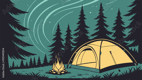 Vintage camping illustration with glowing tent and campfire, starry night sky over pine forest landscape, retro outdoor adventure vector