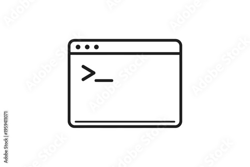 Minimalist vector outline icon of a Command Line Interface (CLI) terminal window with `>_` prompt. Represents programming, coding, software development, system administration, shell scripting, and com