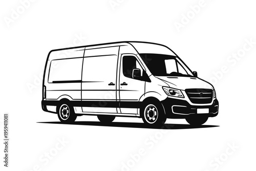 Modern commercial delivery van vector illustration, black and white. Ideal for logistics, cargo transport, courier services, last-mile delivery, business branding, fleet solutions, e-commerce, shippin