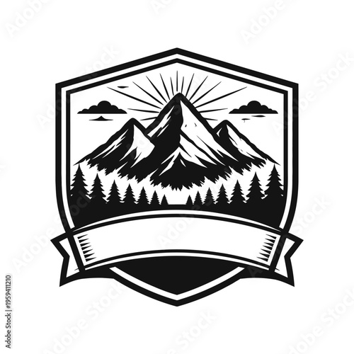 Stunning vintage outdoor mountain emblem: B&W peaks, sun rays, pine forest, shield frame, blank banner. Perfect for hiking, camping, adventure, nature, travel, wilderness logos & branding. Classic ret