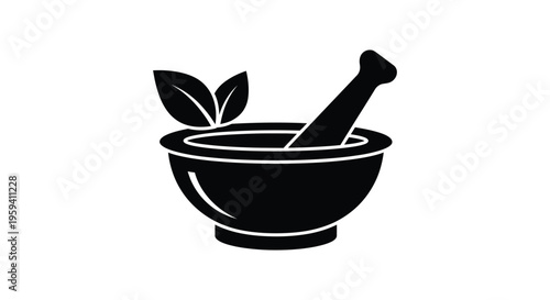 Traditional herbal medicine preparation with mortar and pestle, featuring fresh green leaves vector illustration graphic design.