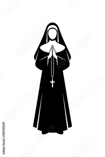 Elegant black silhouette icon of a praying nun in traditional habit, hands clasped in reverence, featuring a prominent rosary with a crucifix, symbolizing unwavering faith, deep devotion, and profound