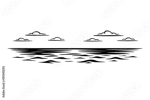 Minimalist black and white vector illustration of a serene ocean seascape with stylized clouds and gentle waves meeting at the distant horizon line. Ideal for tranquil design, web graphics, and home d
