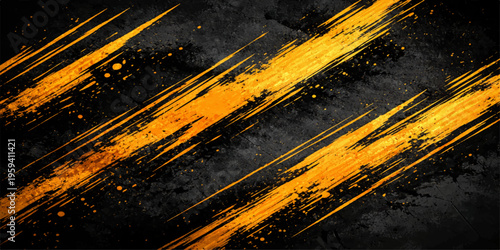 Abstract grunge background featuring dirty yellow and orange warning stripes on a dark, weathered metal wall texture with a vintage, grungy design