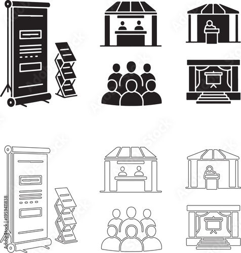 Event display banner mockup. Roll-up stand in conference or trade show setting for promotional and branding use..eps