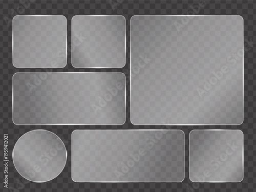 Set of liquid glass vector frames with reflection effect. Clear glossy button rectangle, square, circle and rounded shapes for design.