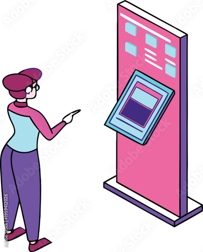 Isometric woman using digital information kiosk, interactive touch screen terminal for navigation, modern self-service display vector illustration