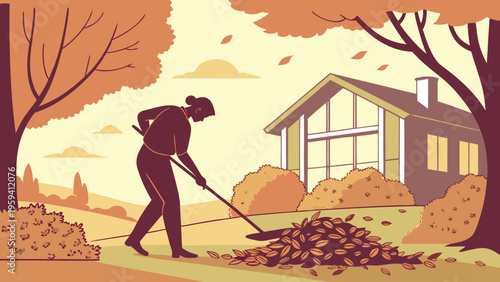 Autumn landscape with woman raking leaves, seasonal garden maintenance vector illustration, residential backyard fall cleanup scene