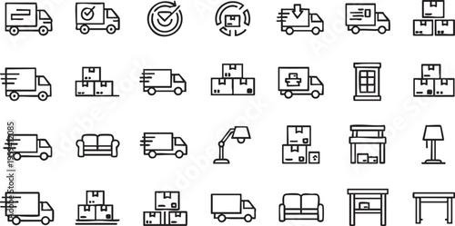 Black silhouettes of delivery trucks furniture and household on white background household black silhouettes