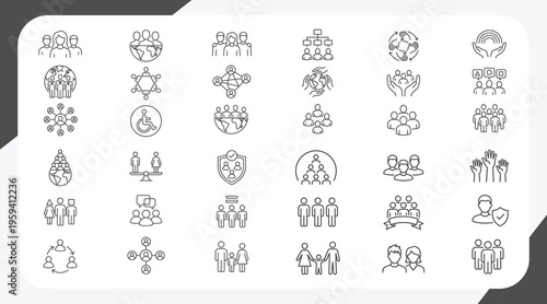 Set of 36 line icons related to society, teamwork, cooperation. Outline icon collection. Editable stroke. Vector illustration