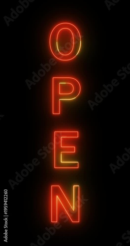 Open in neon lights passing on screen. Loop. 4K Vertical