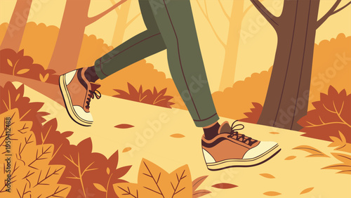 Autumn hiking illustration of person walking on forest trail, person in sneakers trekking through fall woods, outdoor seasonal exercise vector