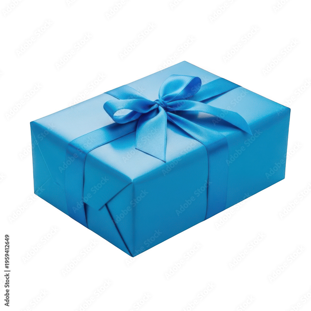 Obraz premium A bright blue gift box with a ribbon tied around it isolated on transparent background