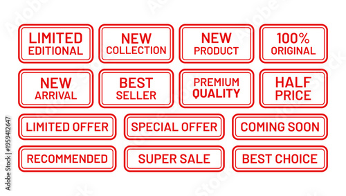 Discount sale label. Red sold out emblem in frame. Set rectangle best price stickers. Sale stamp imprint. New arrival product mark in border. Marketing retail badge. Text box with buy tags. Vector ill